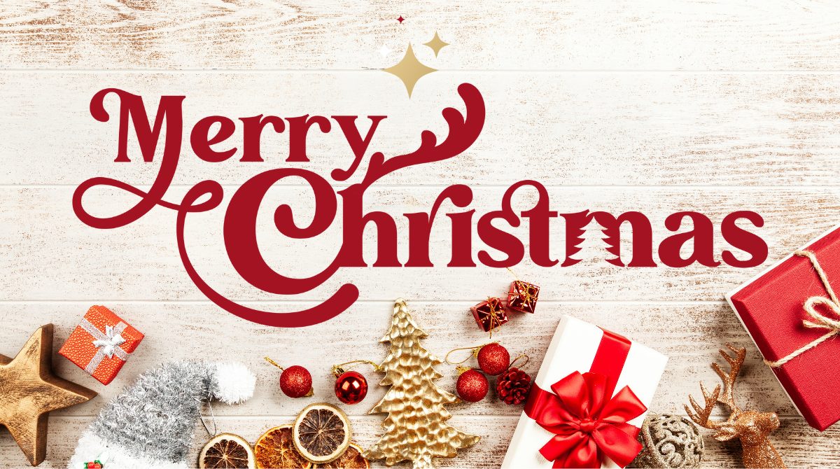 An image which reads Merry Christmas in red lettering, with graphics showing Christmas decorations.