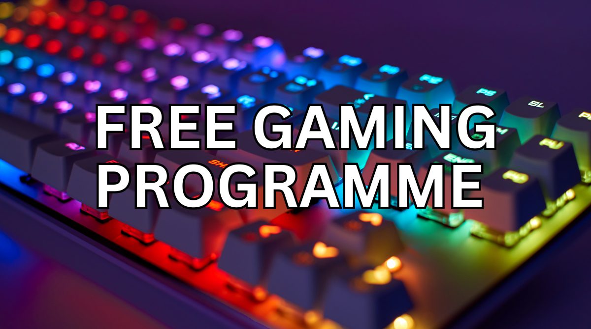 An image of a keyboard with the keys light up in different colours, overlaid with the text 'Free Gaming Programme'.