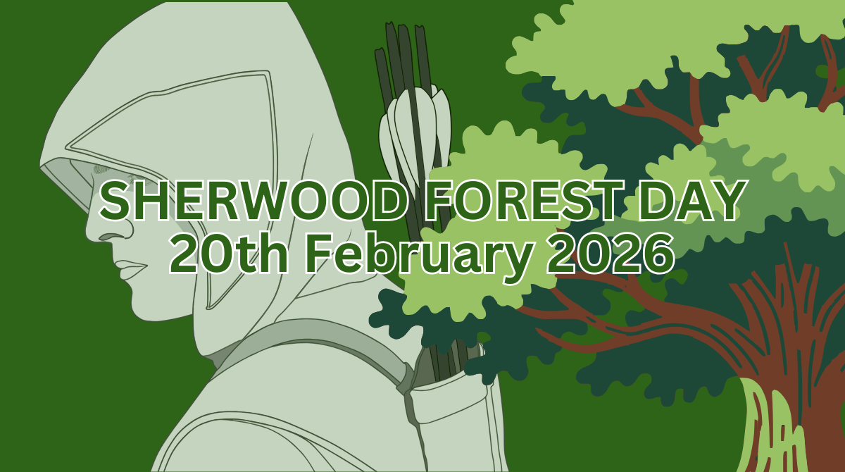 An image showing a clipart oak tree and Robin Hood figure, overlaid with the text Sherwood Forest Day - 20th February 2026