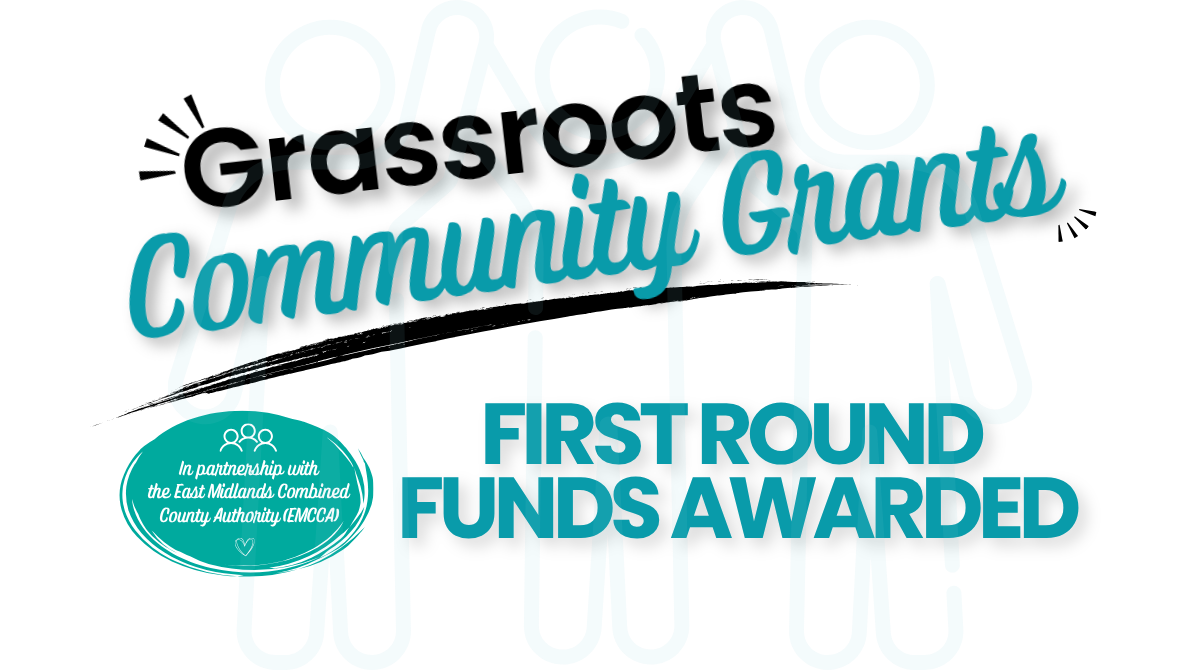 A banner with the text Grassroots Community Fund - First Round Funds Awarded in teal and black.